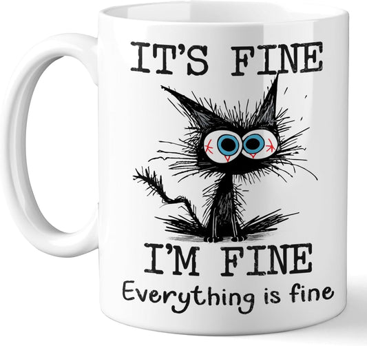Black Cat Coffee Cups, It's Fine Everything is Fine, Christmas Birthday Gifts for Cat Lovers, Funny Coffee Mug